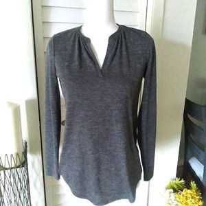 𝅺LOFT womens gray & black sweater with semi-sheer back V-neck long‎ sleeve PXS